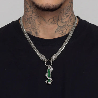 Conjunto de colgante de cadena cubana con pilar de jade y dragón WONG - Plata