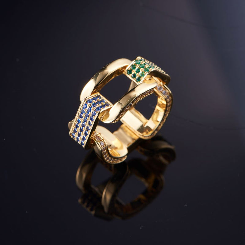 14K Gold Hermes Link Iced Out Ring With Green Stones - Men's Rings -Aporro Brand - APORRO