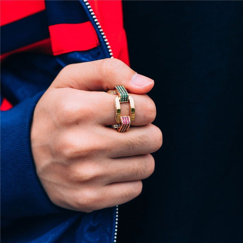 14K Gold Hermes Link Iced Out Ring With Green Stones - Men's Rings -Aporro Brand - APORRO