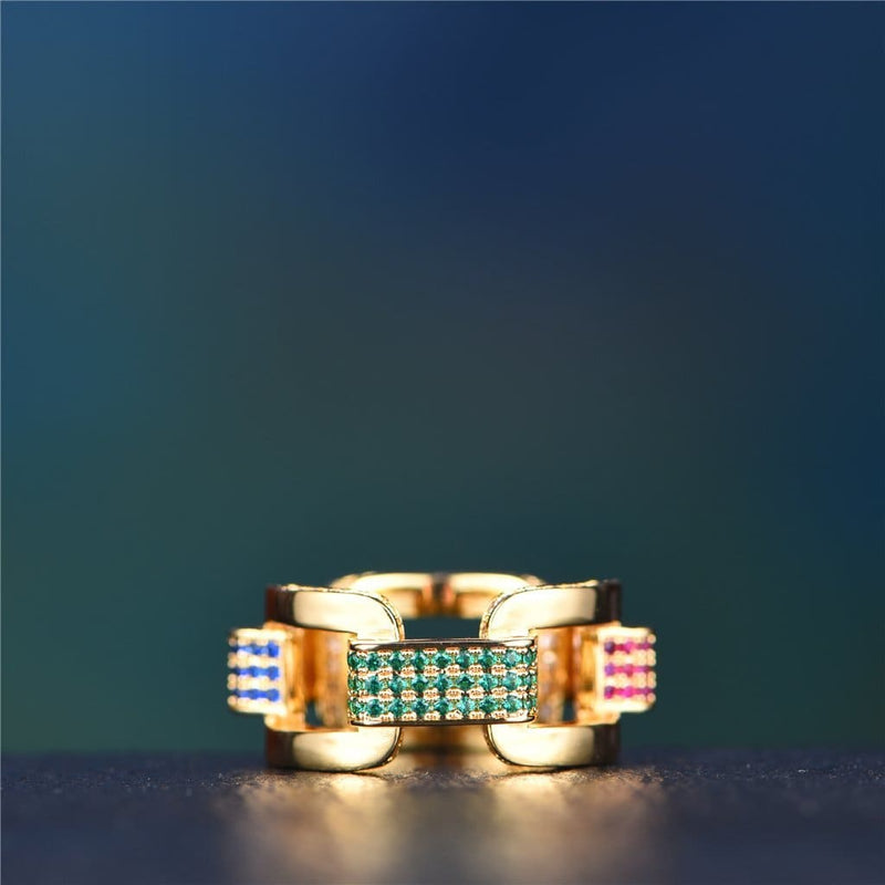 14K Gold Hermes Link Iced Out Ring With Green Stones - Men's Rings -Aporro Brand - APORRO