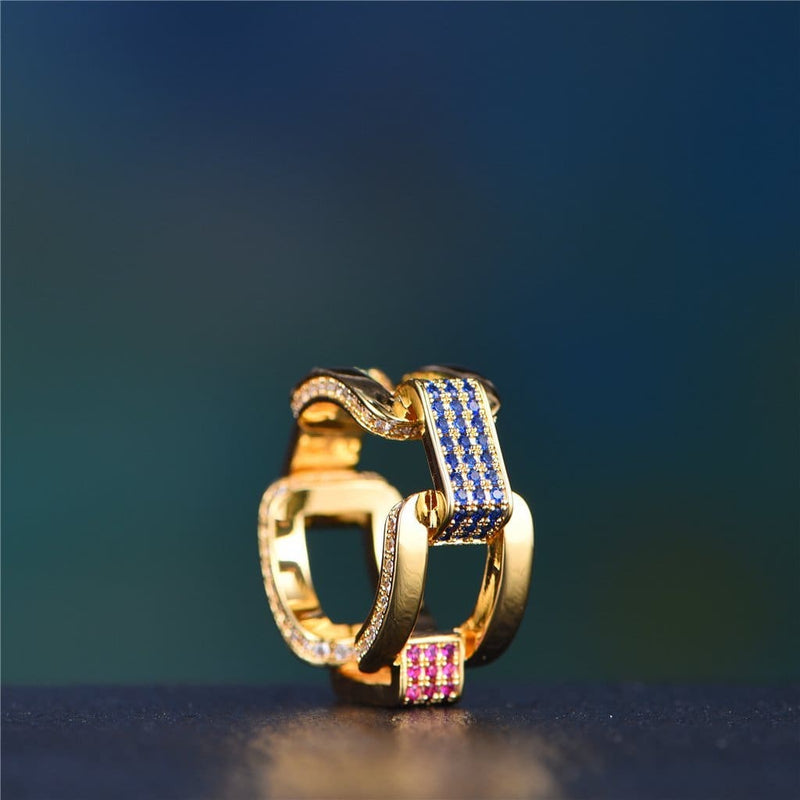 14K Gold Hermes Link Iced Out Ring With Green Stones - Men's Rings -Aporro Brand - APORRO