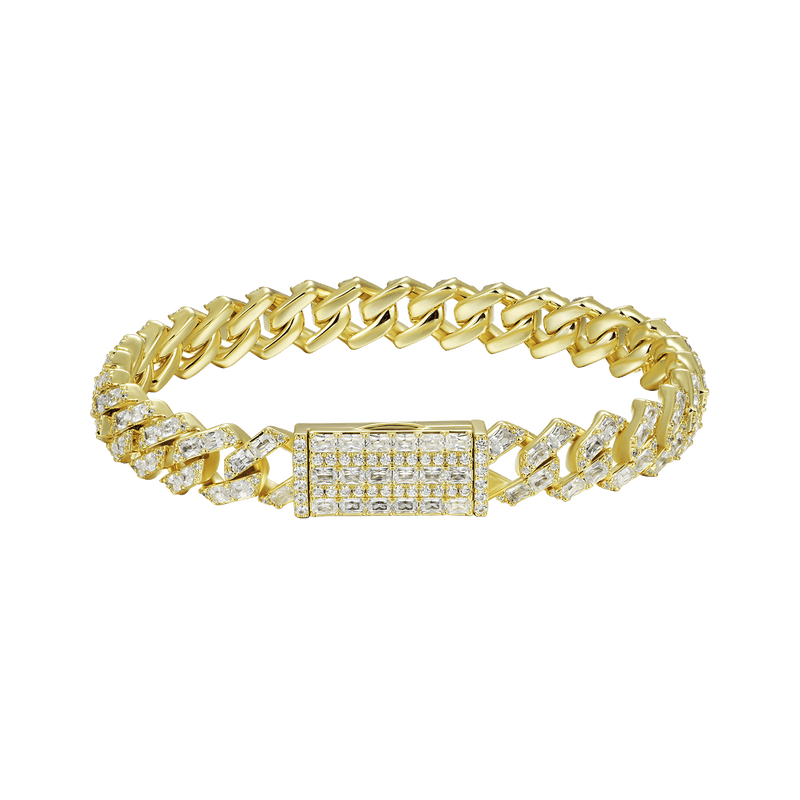 Yellow Gold Emerald Cut Prong Cuban Link Bracelet - 10mm - APORRO