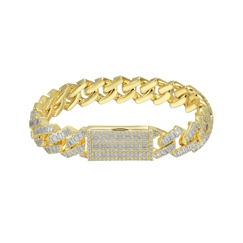 Yellow Gold Emerald Cut Prong Cuban Link Bracelet - 12mm - APORRO