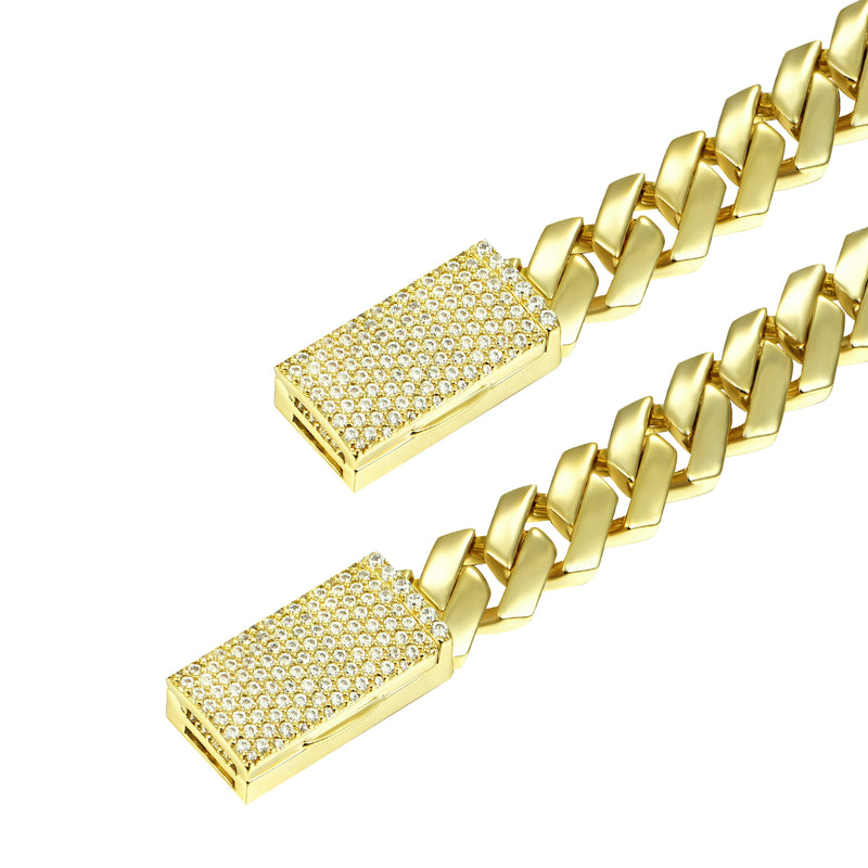 Chaîne à maillons cubains 10 mm à griffes en or uni + lot de bracelets - APORRO