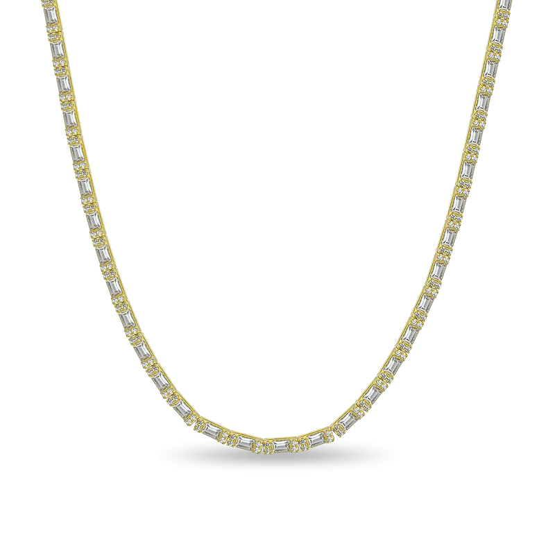 Baguette and Round Cut Tennis Chain - 3mm Yellow Gold - APORRO