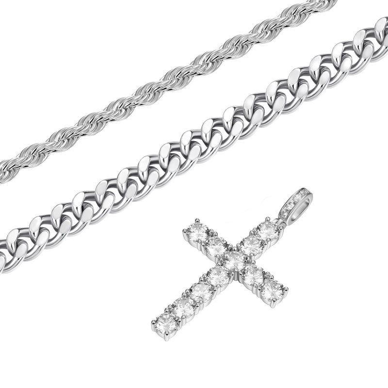 2.5mm Rope Chain + 3.5mm Cuban Link Chain + Cross Pendant Bundle - APORRO