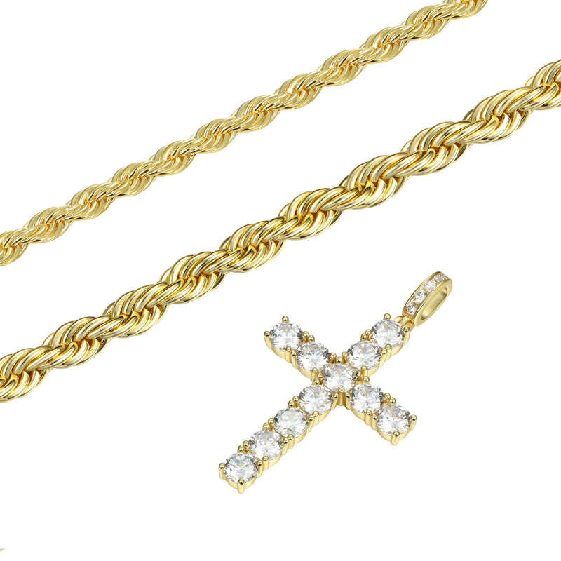 2.5mm Rope Chain + 4.5mm Rope Chain + Cross Pendant Gift Set - APORRO