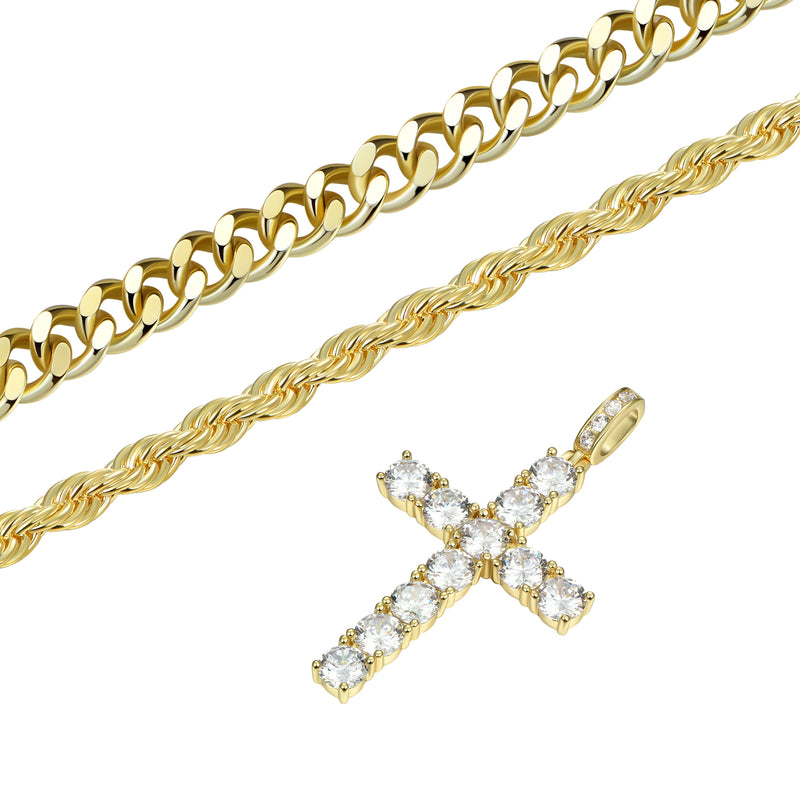 2.5mm Rope Chain + 5mm Cuban Link Chain + Cross Pendant Bundle - APORRO