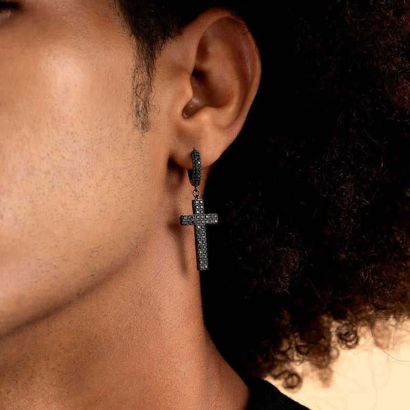 Black Asymmetric Cross & Hoop Earrings - Dangly Cross Earring - APORRO
