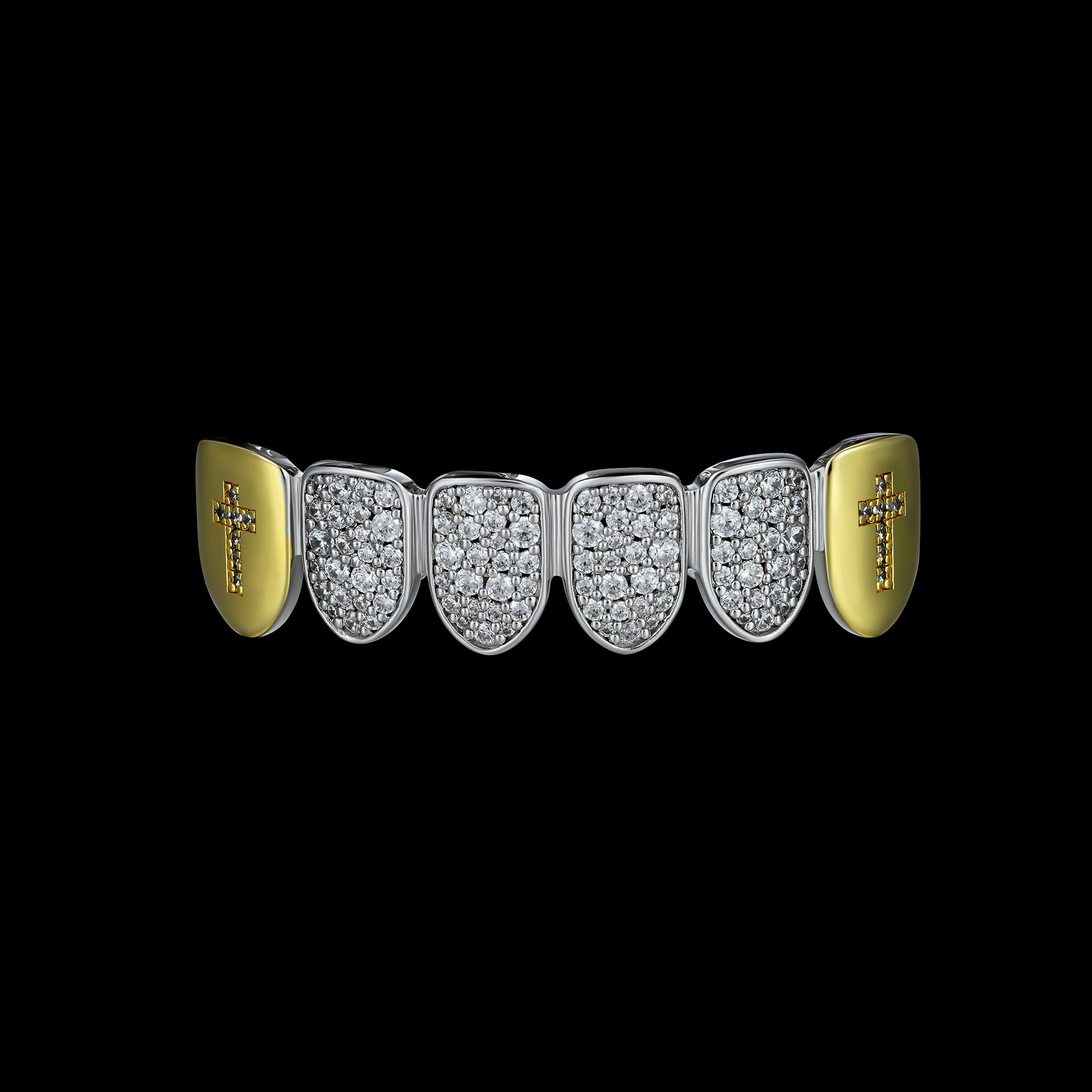 Pre-made Six Teeth Two-tone Irregular Shape Diamond Cross Grillz