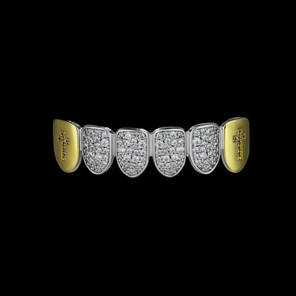 Pre-made Six Teeth Two-tone Irregular Shape Diamond Cross Grillz