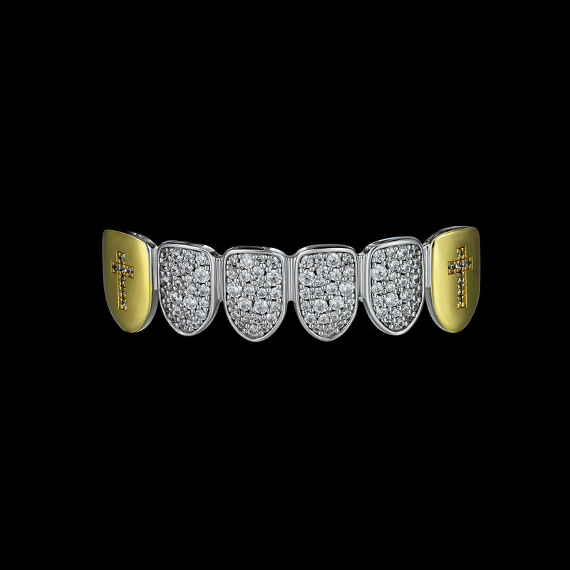 Pre-made Six Teeth Two-tone Irregular Shape Diamond Cross Grillz - Teeth Grillz - APORRO