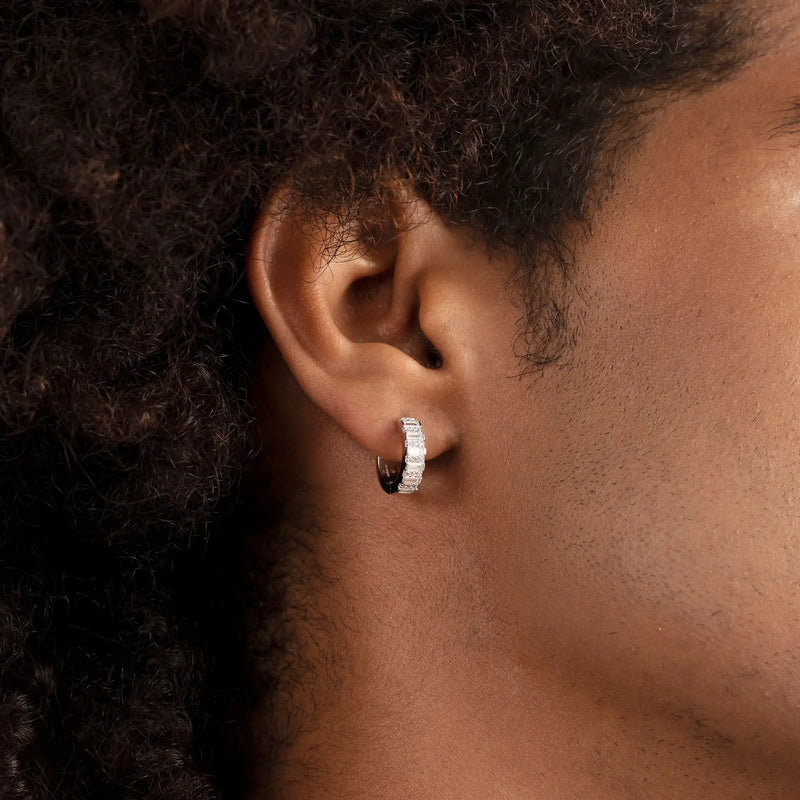 Baguettes Hoop Moissanite Earring-Men & Women's white gold hoop silver earring - APORRO
