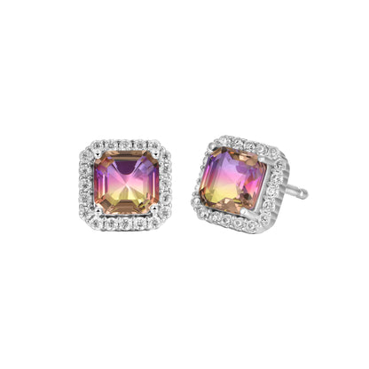 Boucles d'oreilles Halo en tourmaline dégradée violet et jaune, taille émeraude