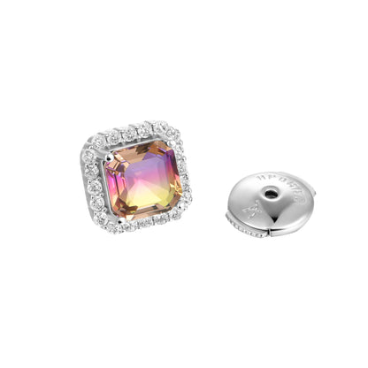 Emerald-Cut Purple and Yellow Gradient Tourmaline Halo Stud Earring