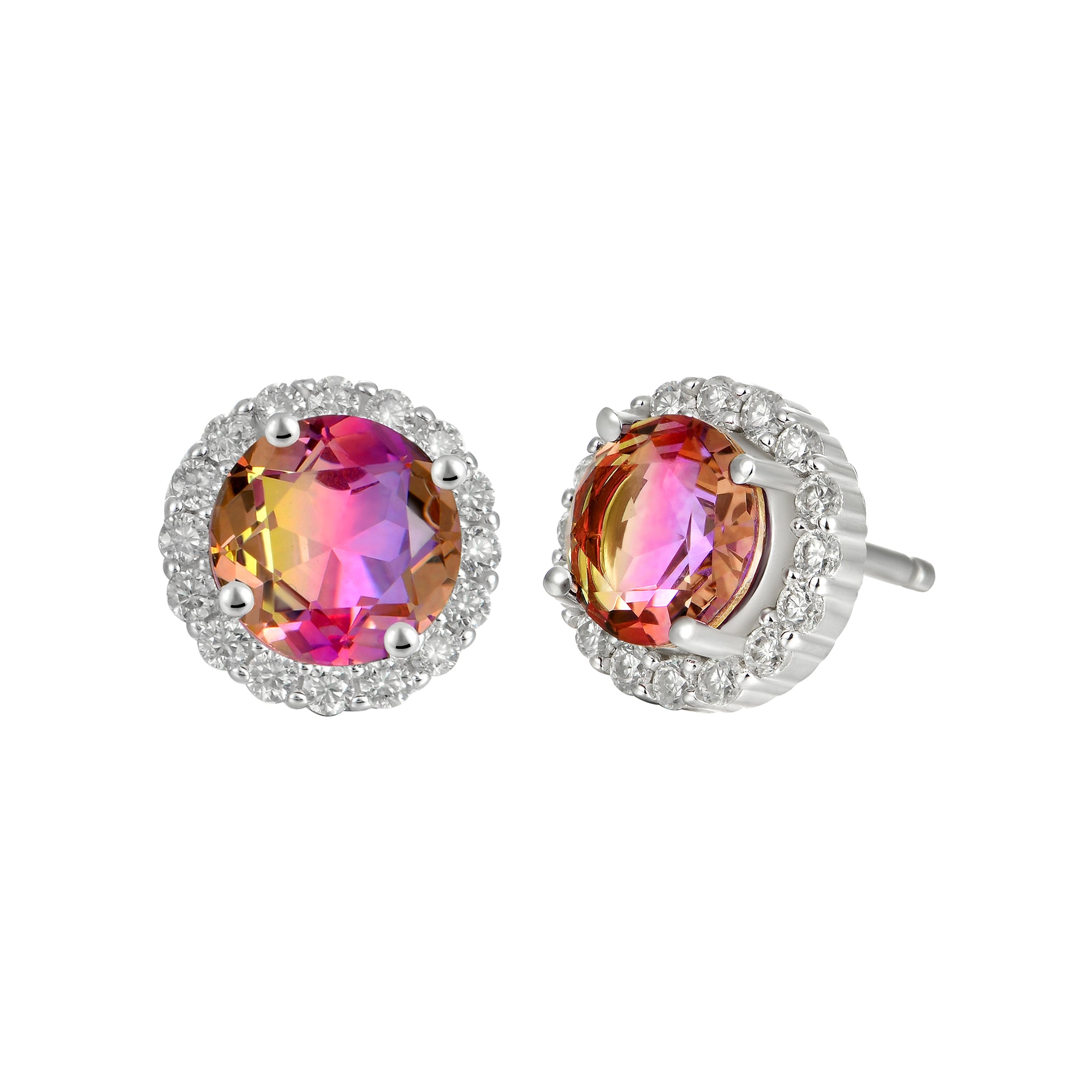 Boucles d'oreilles Halo en tourmaline dégradée jaune et violette, taille ronde