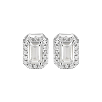 S925 Emerald Cut Halo Stud Earring