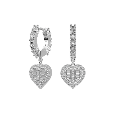 S925 Heart Baguette Mix Halo Dangly Earrings - Pair