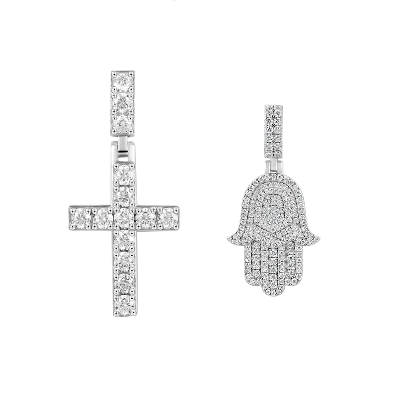 Moissanite Tennis Cross Pendant + Double-Layered Hamsa Pendant Set - APORRO