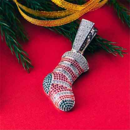 White Gold Iced Christmas Stocking Pendant - Pendant