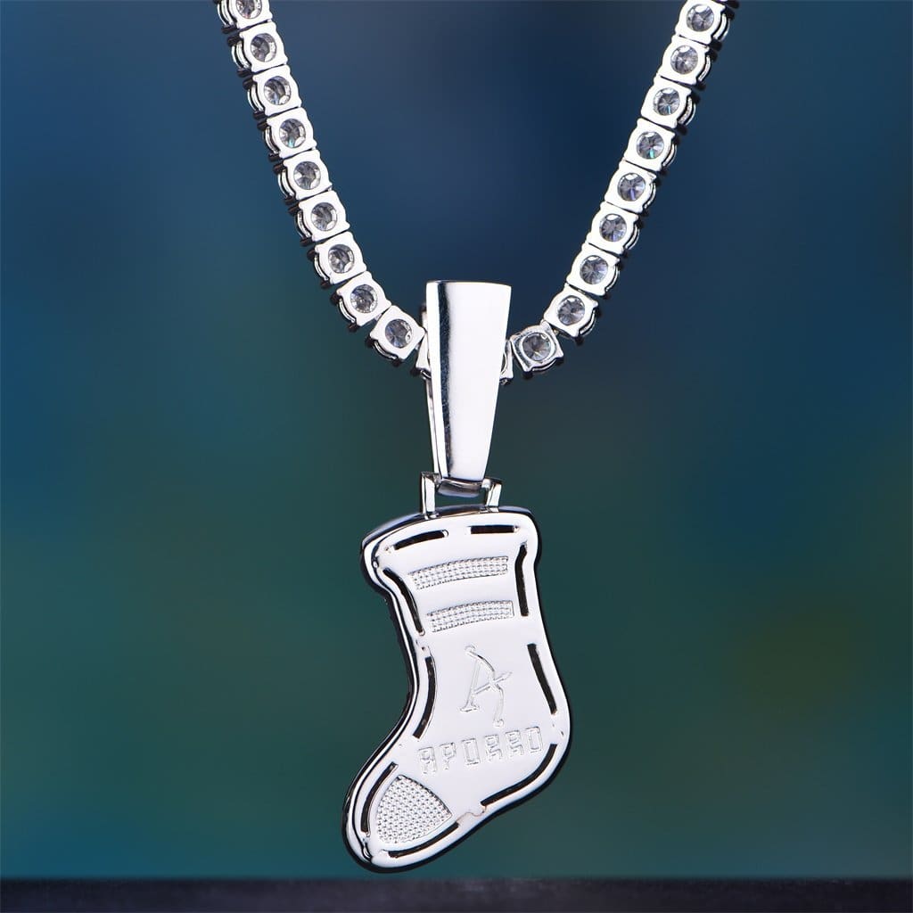 White Gold Iced Christmas Stocking Pendant - Pendant