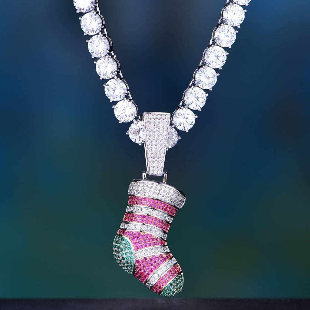 White Gold Iced Christmas Stocking Pendant - 18 8Mm White Tennis Chain - Pendant