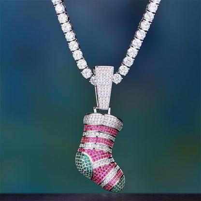 White Gold Iced Christmas Stocking Pendant - 20 5Mm White Tennis Chain - Pendant