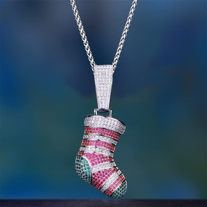 White Gold Iced Christmas Stocking Pendant - 24 2.5Mm White Gold Franco Chain - Pendant