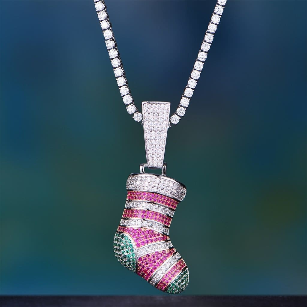 White Gold Iced Christmas Stocking Pendant - 24 3Mm White Tennis Chain - Pendant