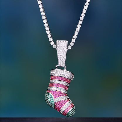 White Gold Iced Christmas Stocking Pendant - 24 3Mm White Tennis Chain - Pendant